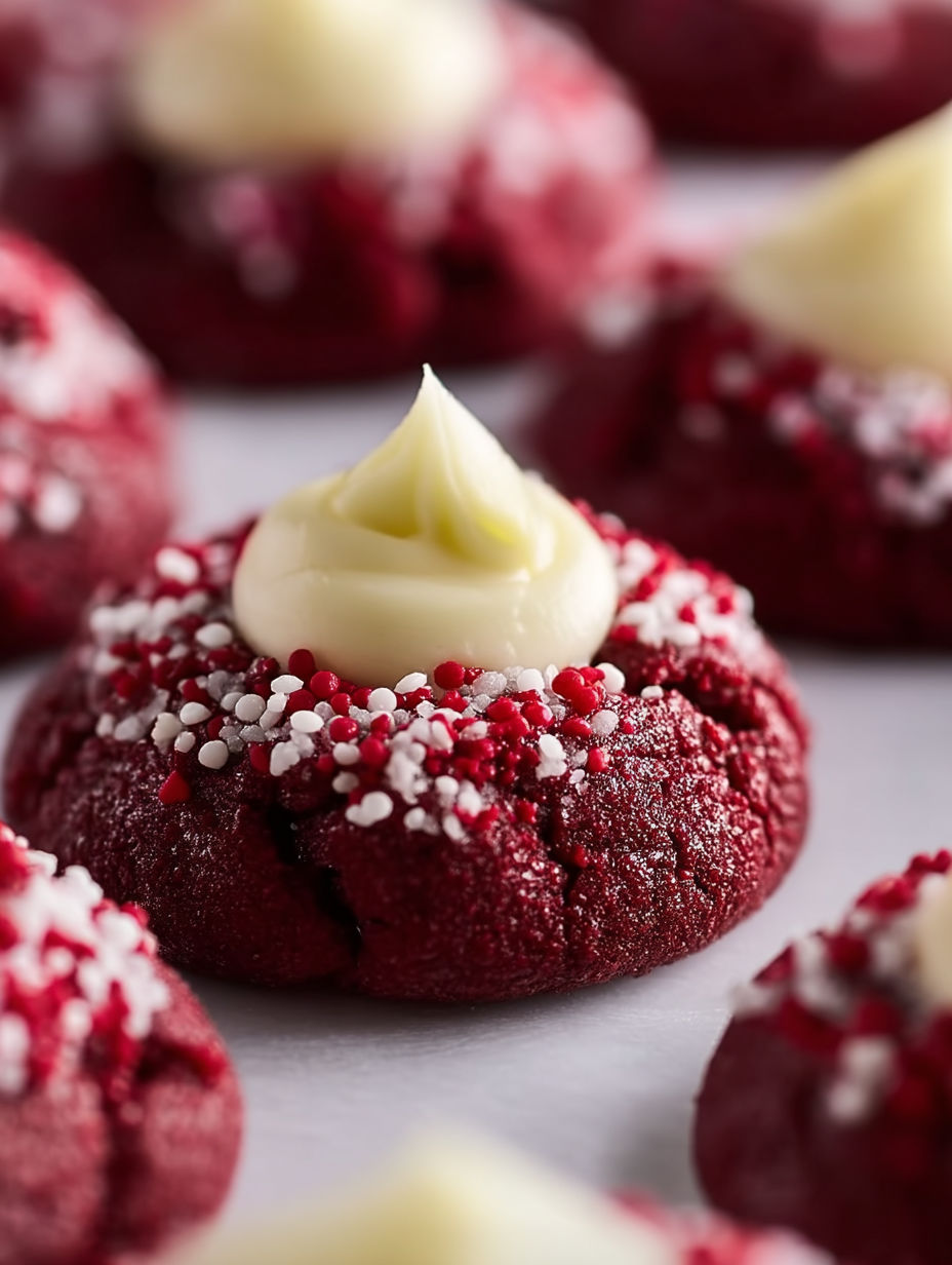 Red velvet thumbprint cookies with white frosting.