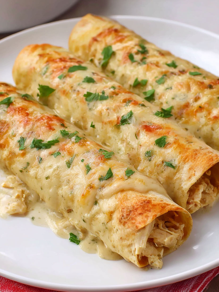 Two white chicken enchiladas on a plate.