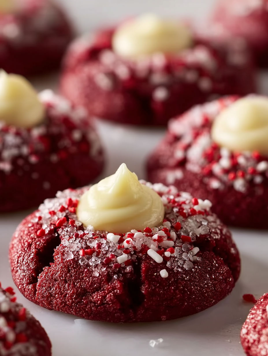 Red velvet thumbprint cookies with white frosting.