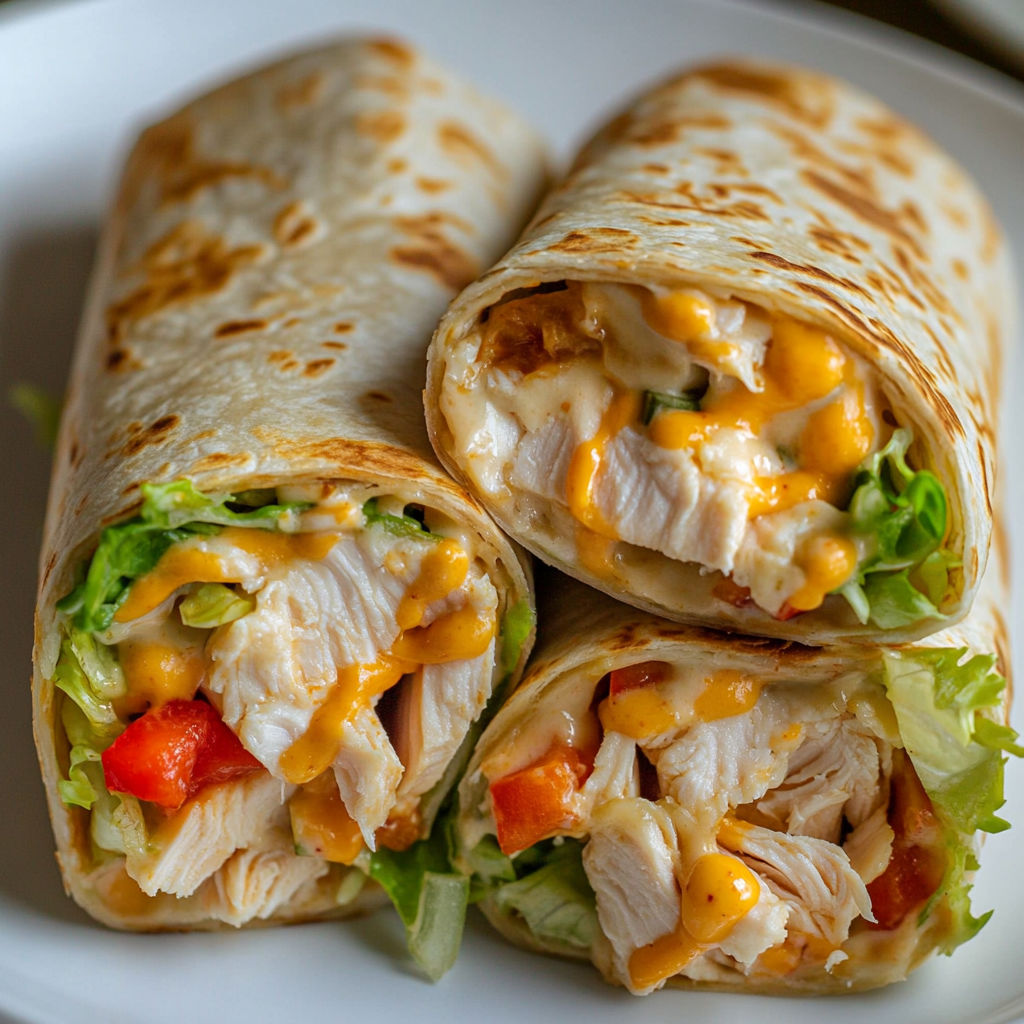A burrito with chicken and cheese.