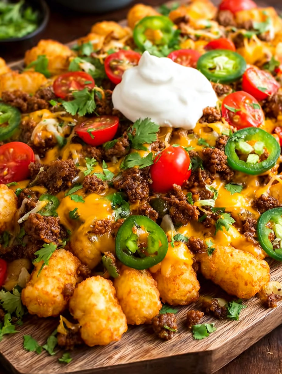 A plate of tater tot nachos with white cheese.