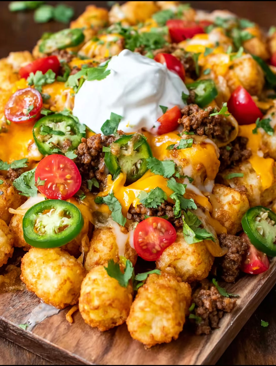 A plate of tater tots with cheese and jalapenos.