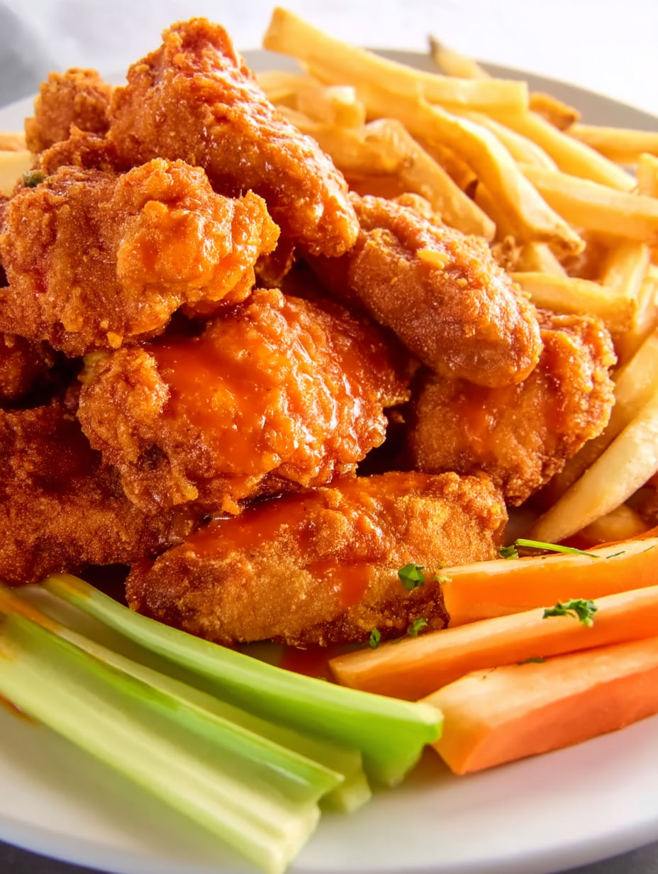 A plate of chicken wings and fries.