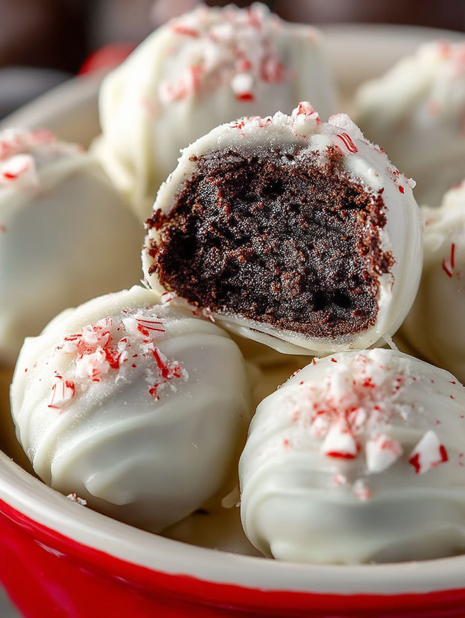 Peppermint Oreo balls in a bowl.