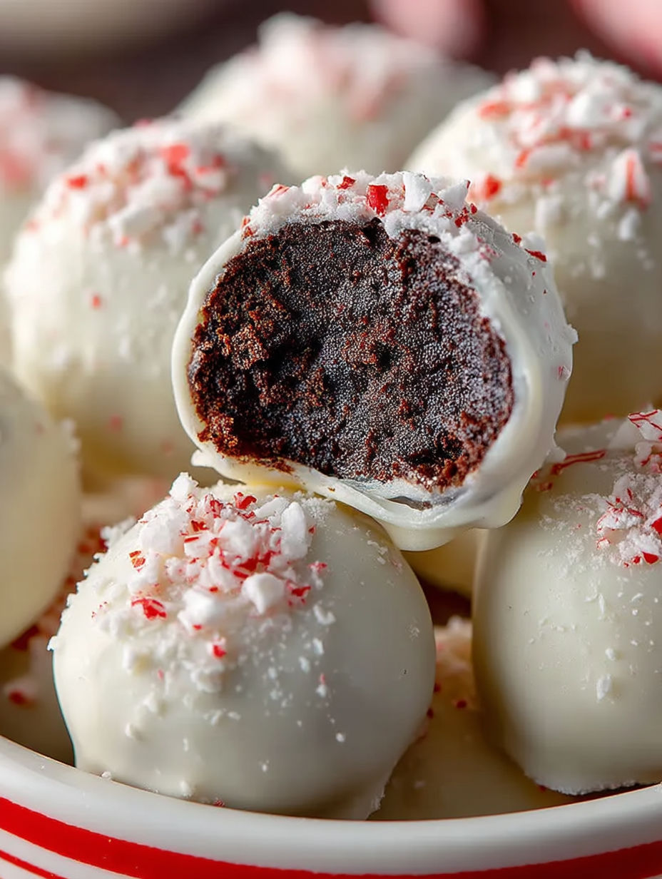Peppermint Oreo balls on a plate.