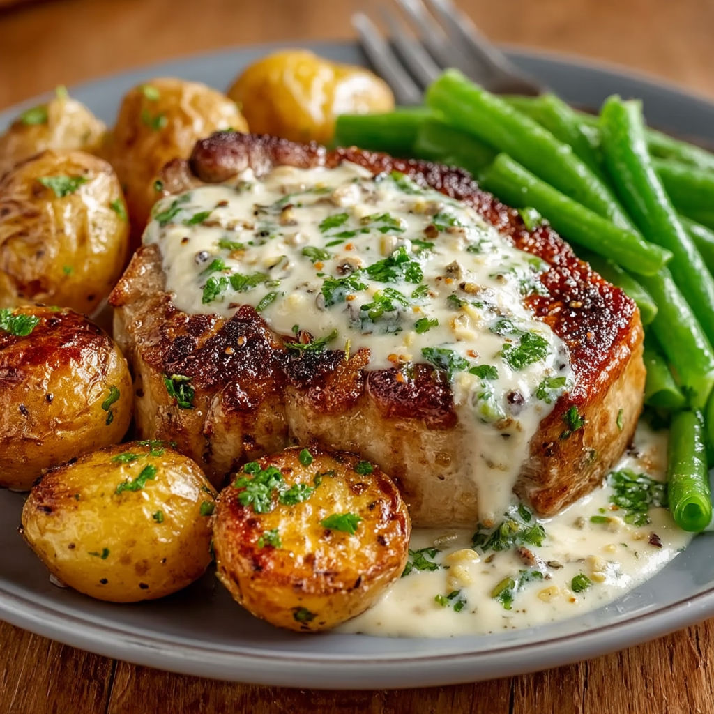 A plate of pork chops with potatoes and green beans.