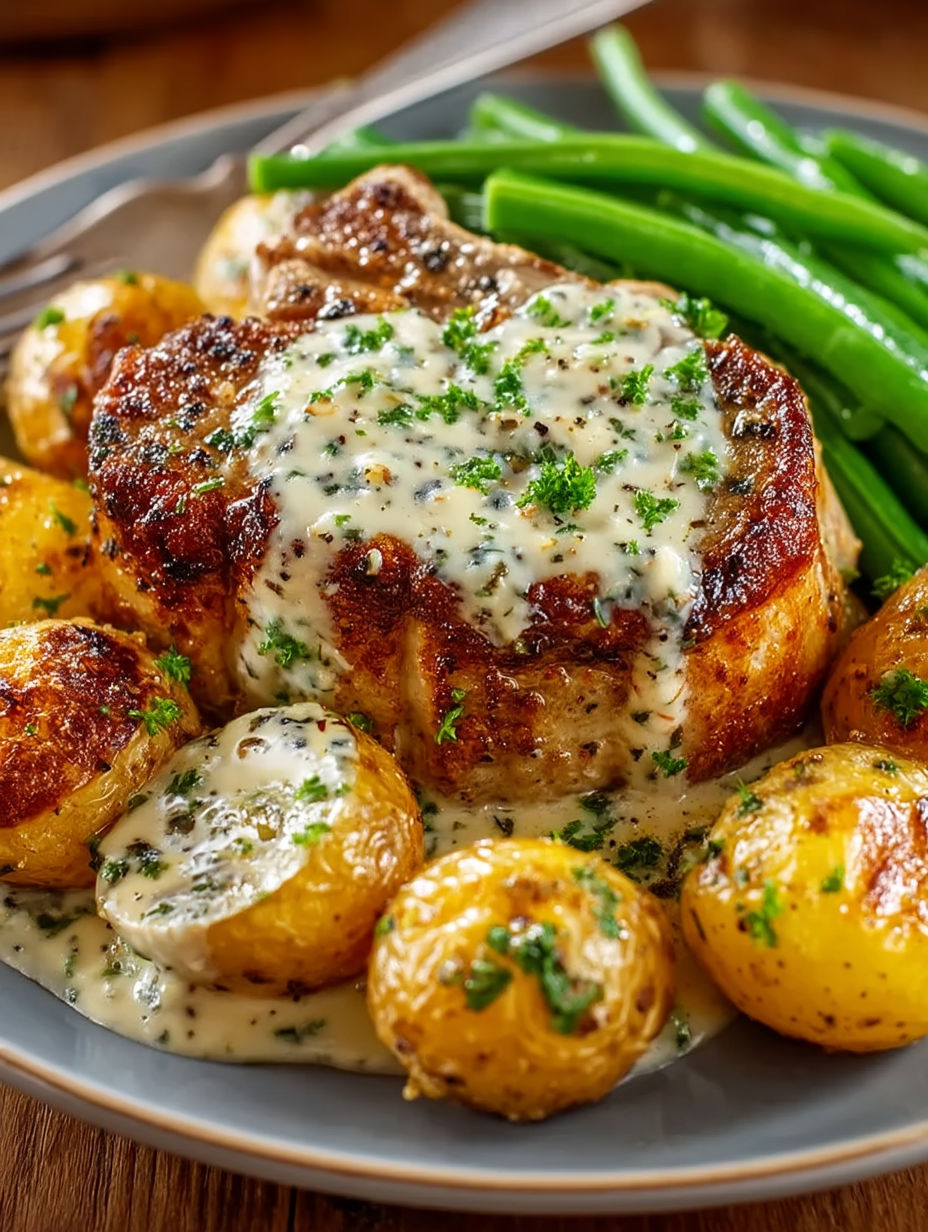 A plate of food with meat, potatoes, and green beans.