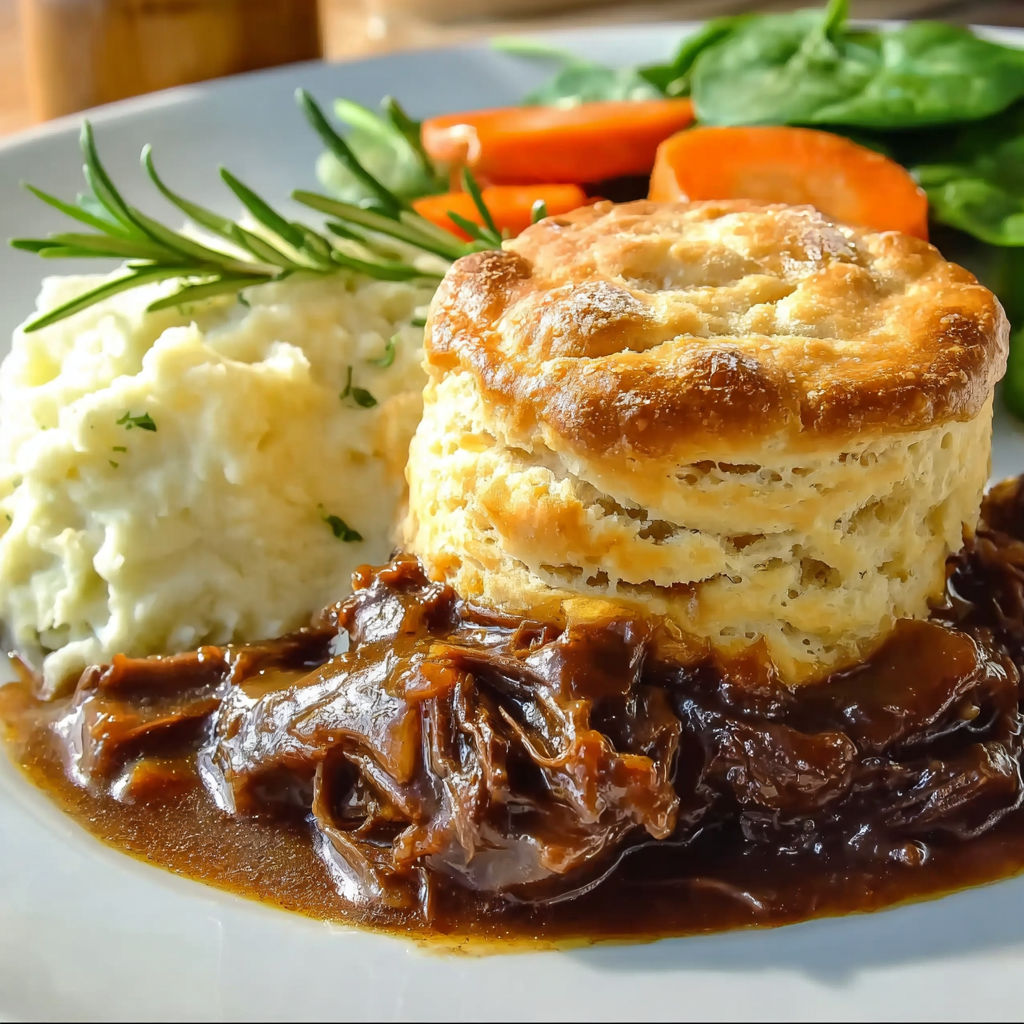 A plate of food with a biscuit on top.