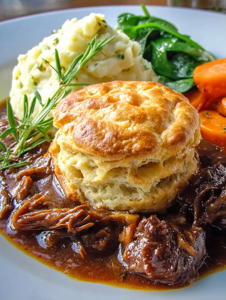 A close up of a braised beef pot pie biscuit.