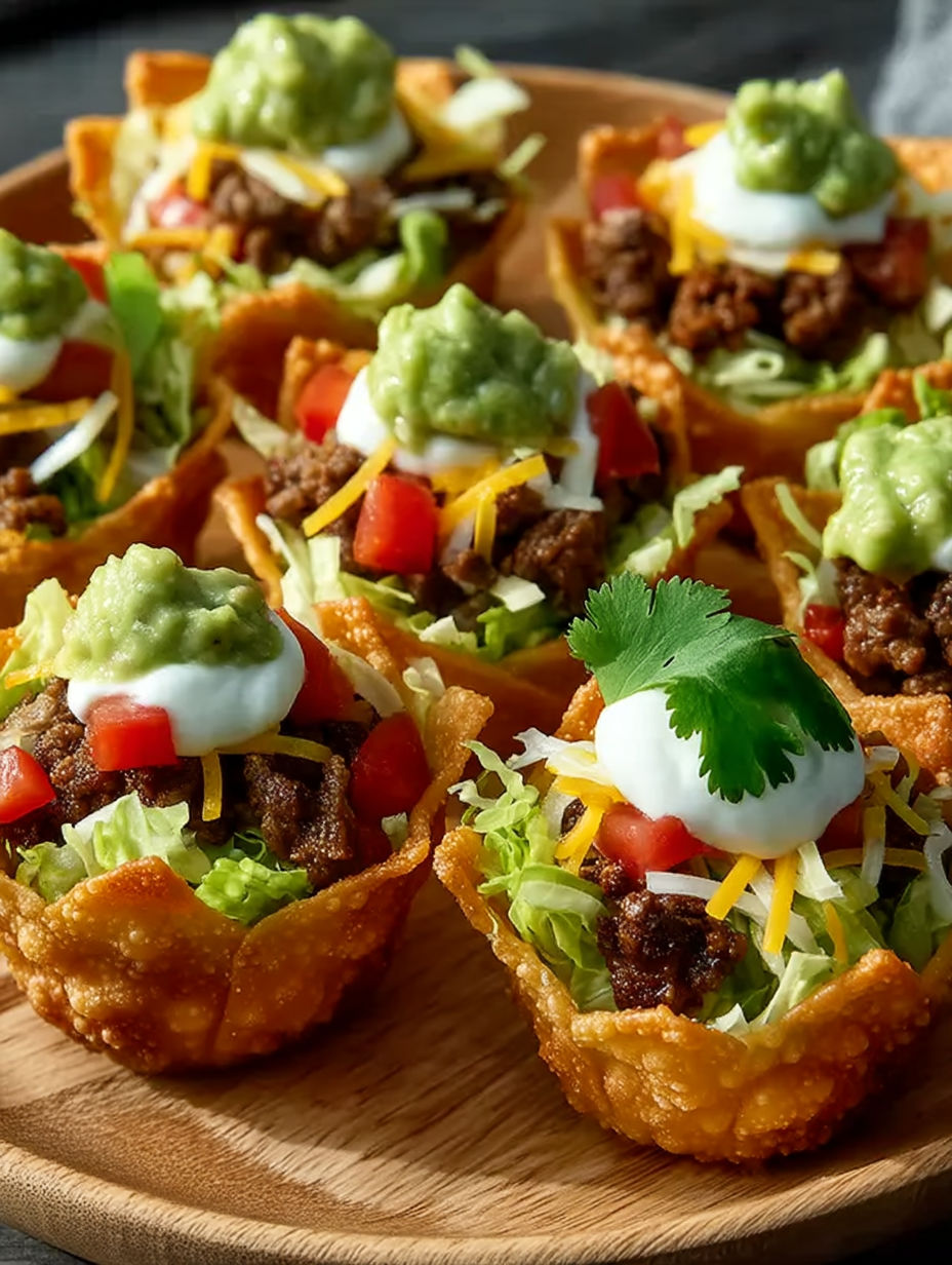 A variety of taco bites party cups.