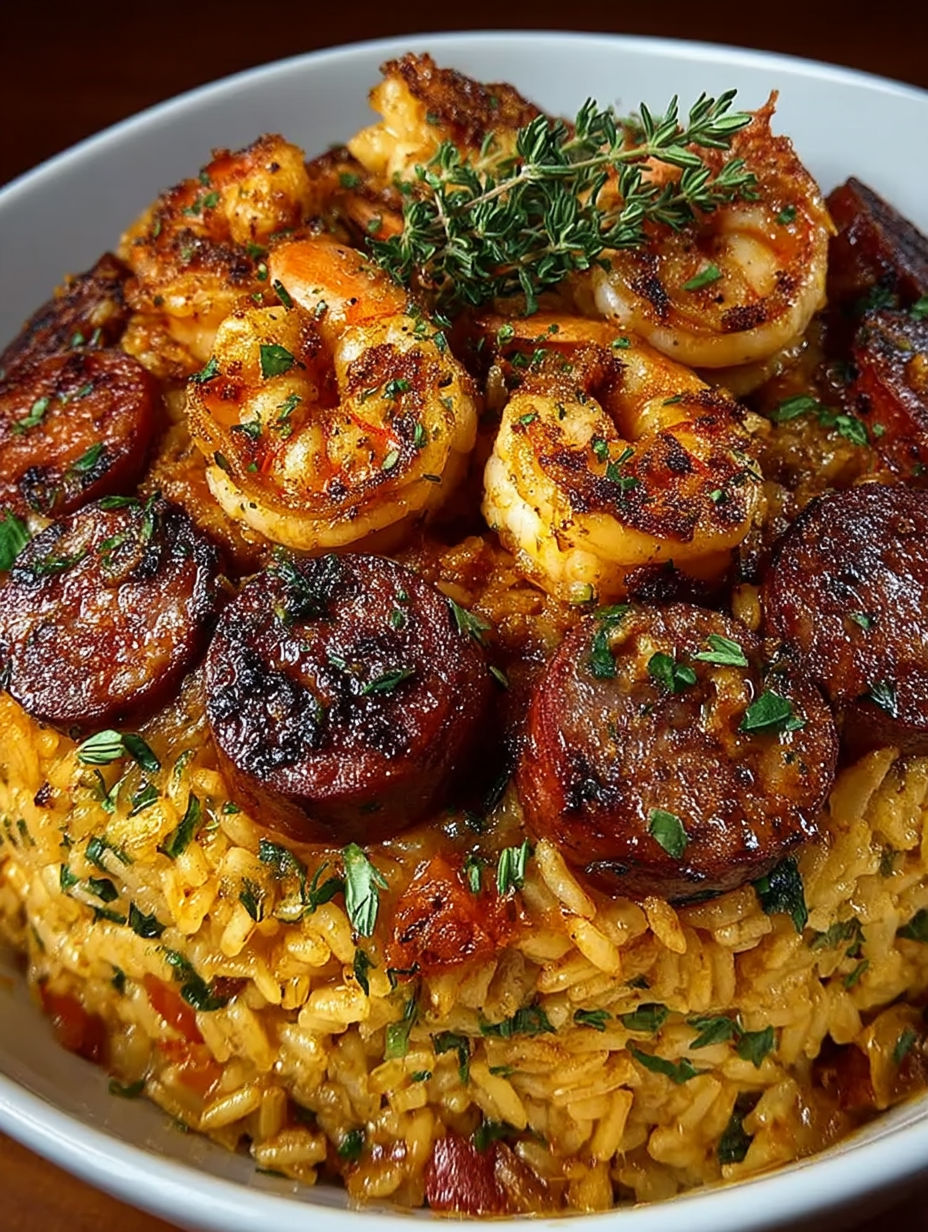 A plate of jambalaya with shrimp and rice.