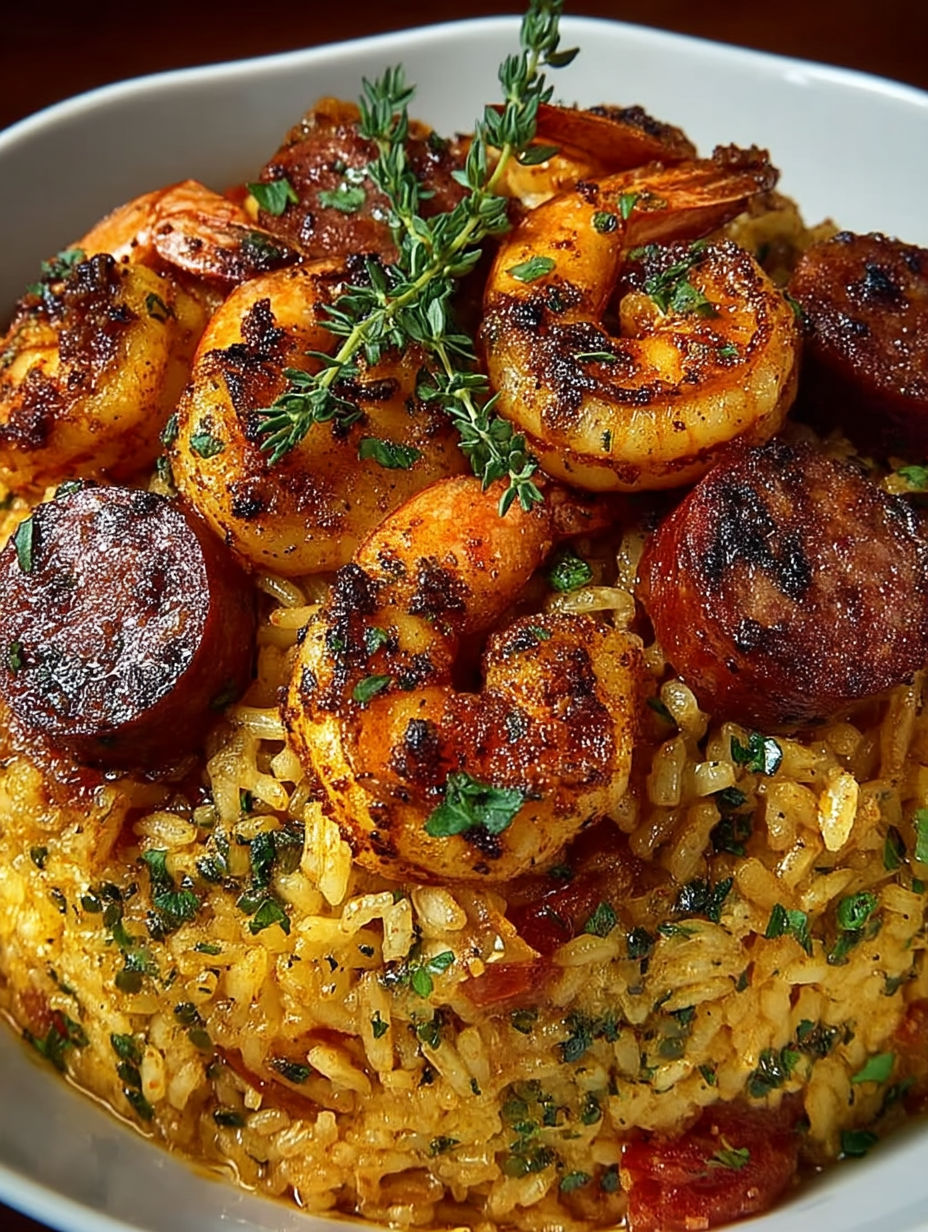 A plate of jambalaya with shrimp and rice.