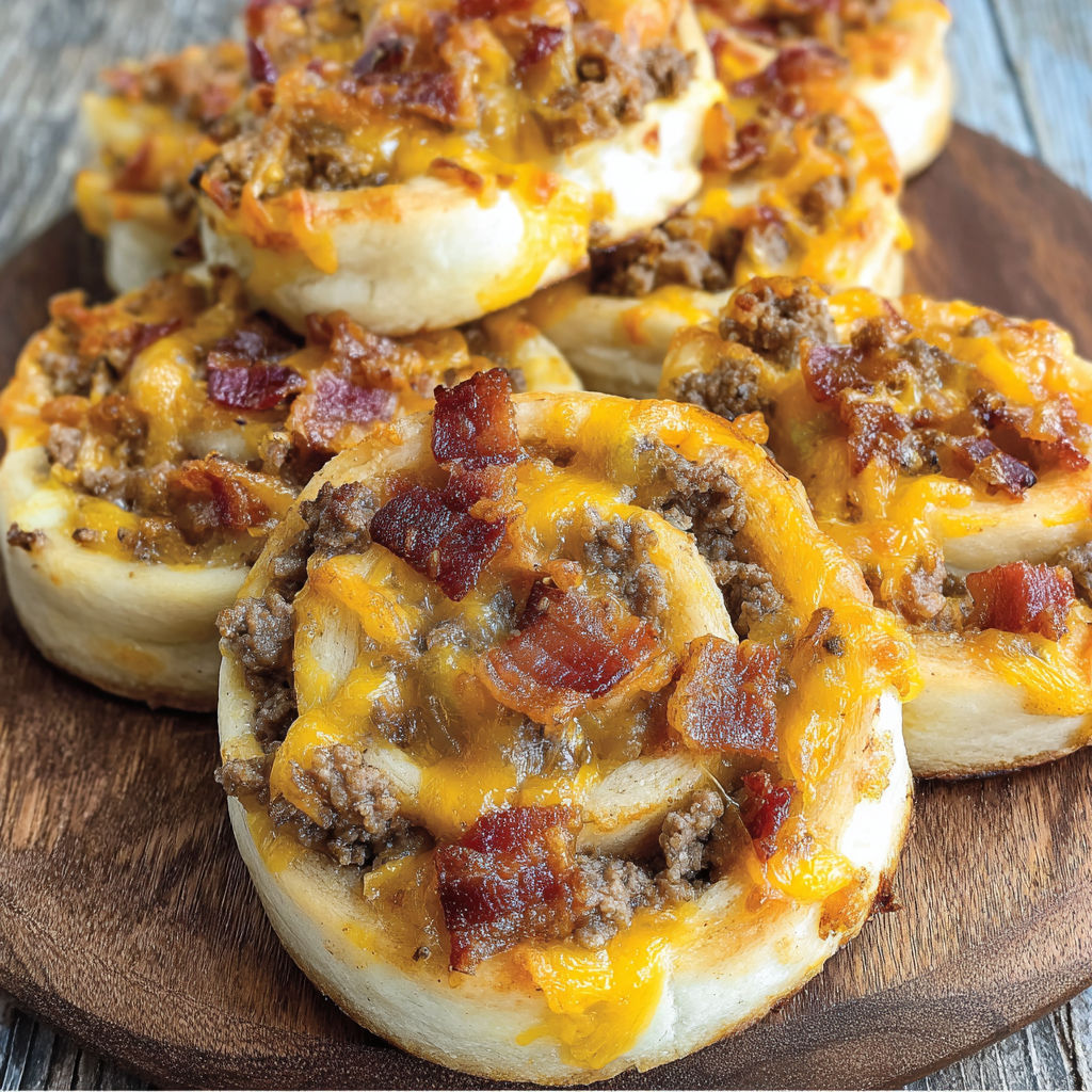 Bacon cheeseburger pinwheels on a wooden platter.