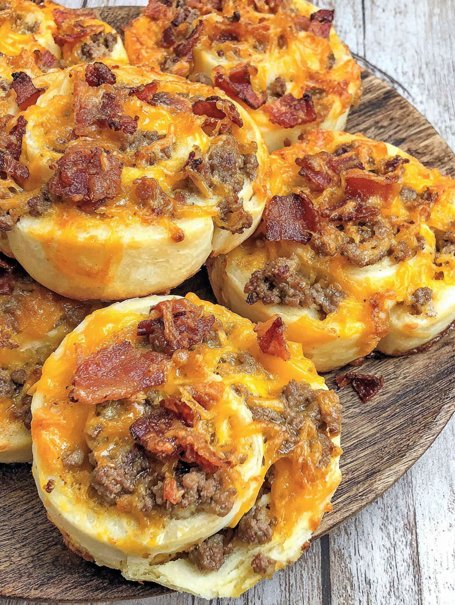 Bacon cheeseburger pinwheels on a wooden platter.
