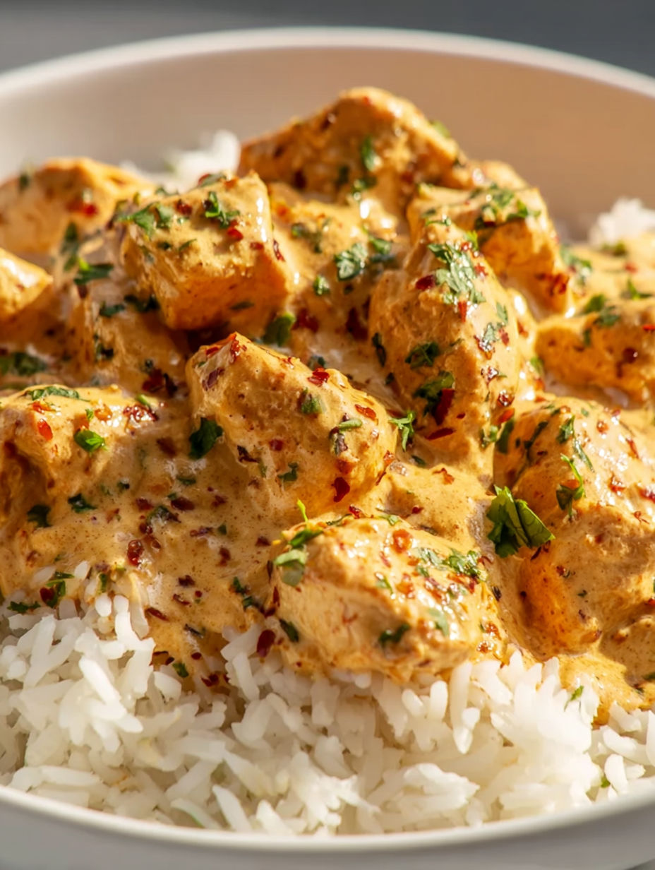 A plate of rice with chicken and a creamy sauce.
