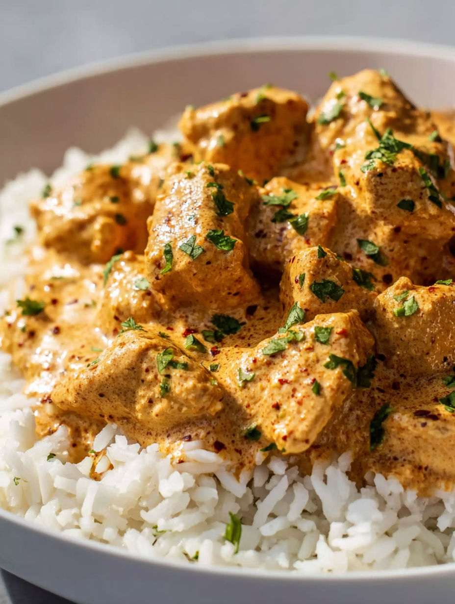 A bowl of rice with chicken and sauce.