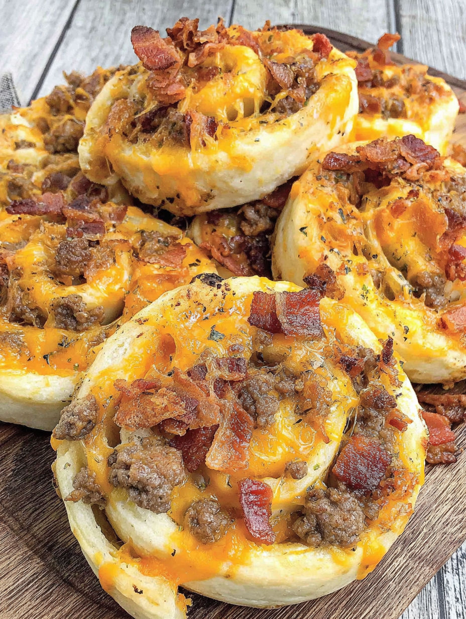 Bacon cheeseburger pinwheels on a wooden table.