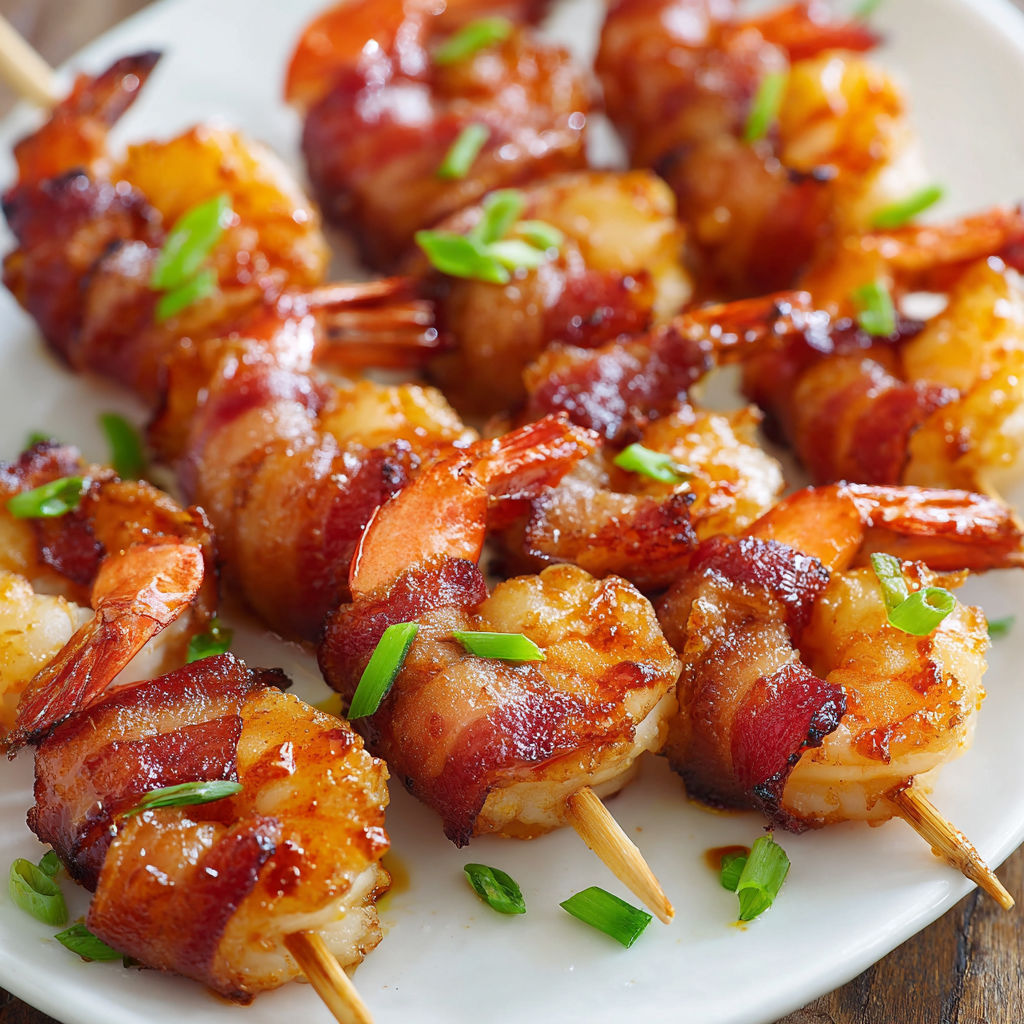 Bacon wrapped shrimp on a plate.
