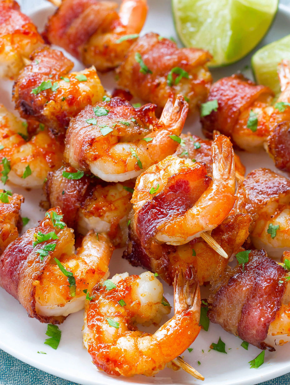 Bacon wrapped shrimp on a plate.