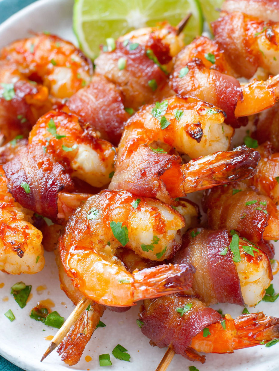 Bacon wrapped shrimp on a plate.