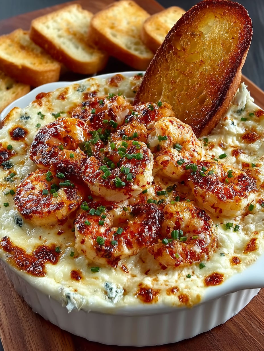 A bowl of cheesy shrimp crab bake dip with a piece of bread on top.