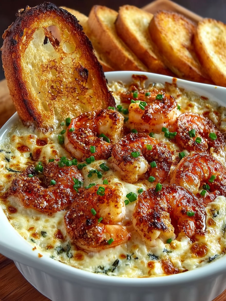 A bowl of cheesy shrimp crab bake dip.