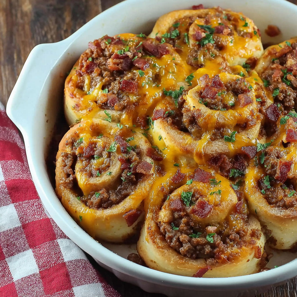 A white bowl filled with bacon cheeseburger pinwheels.