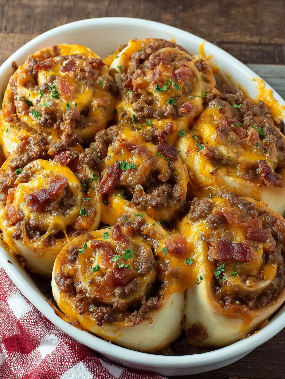 A dish of bacon cheeseburger pinwheels.