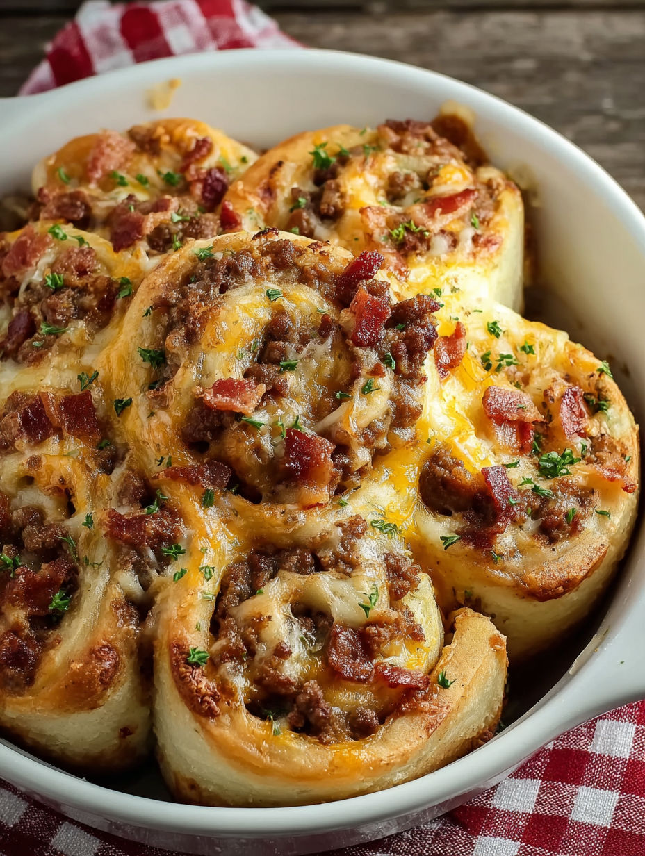 Bacon cheeseburger pinwheels in a bowl.