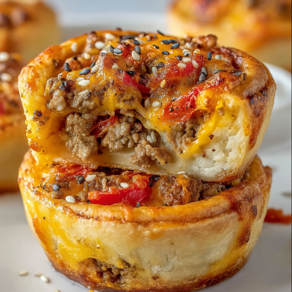 A close up of a cheeseburger pinwheel pizza bite.