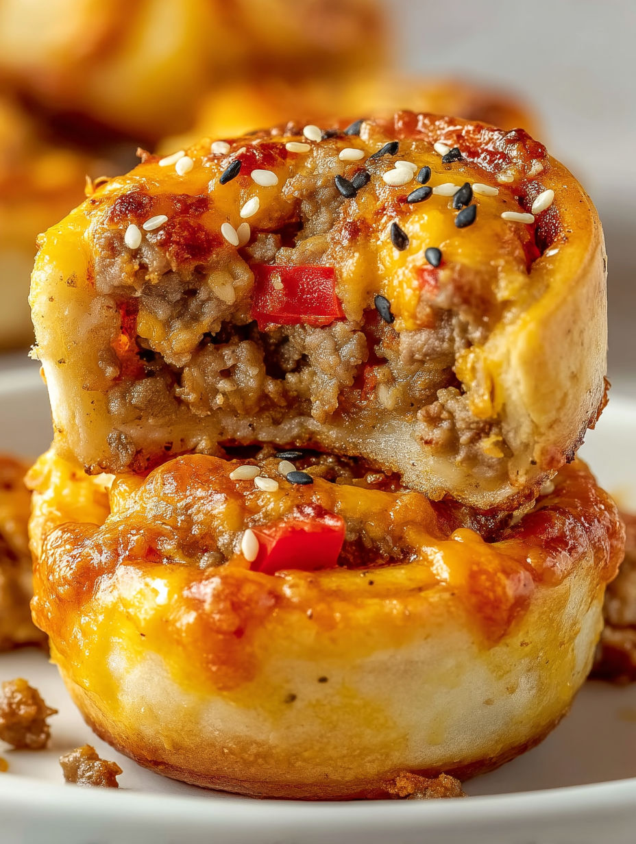 A cheeseburger pinwheel pizza bite.