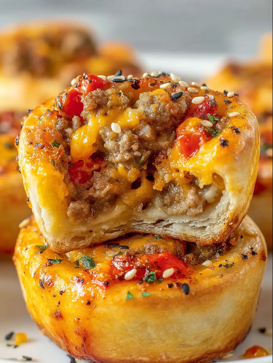 A close up of a cheeseburger pinwheel pizza bite.