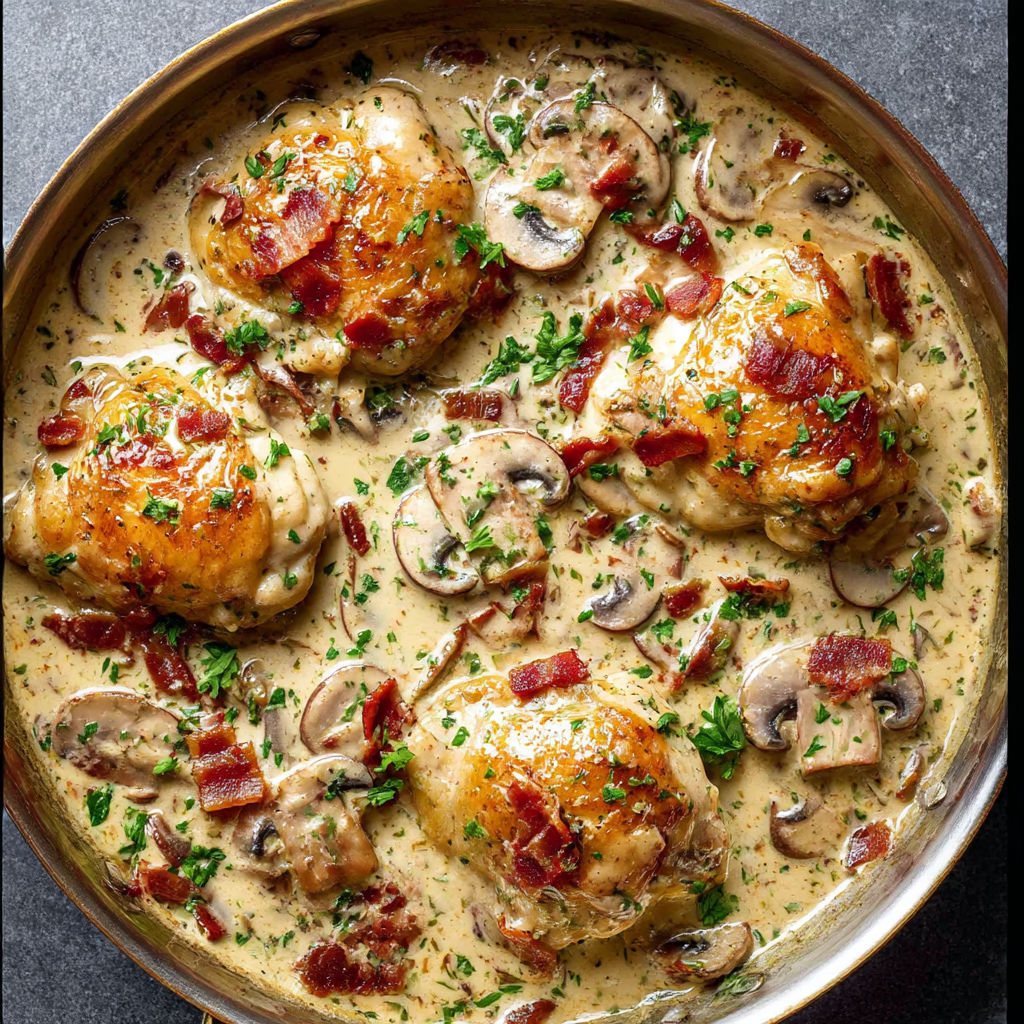 A dish of creamy baked chicken thighs.