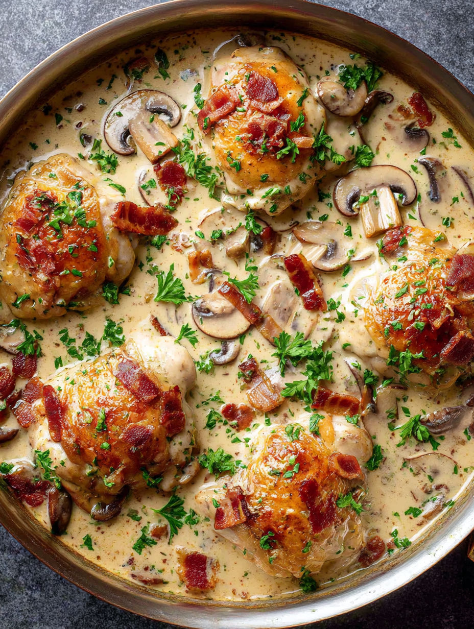 Chicken thighs with mushrooms and bacon in a creamy sauce.