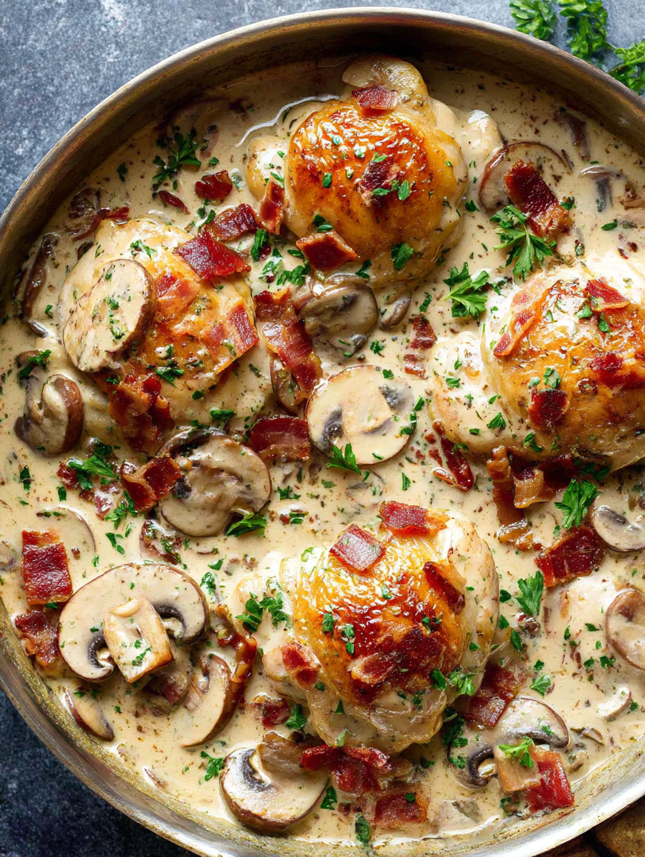A dish of creamy baked chicken thighs.