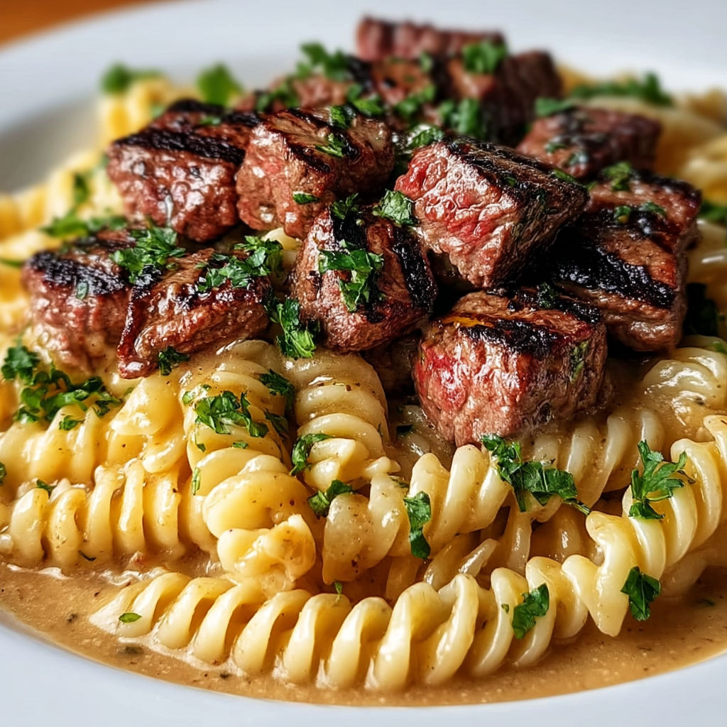A plate of garlic butter steak pasta delight.