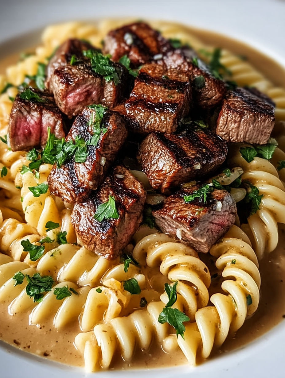 A plate of garlic butter steak and pasta.