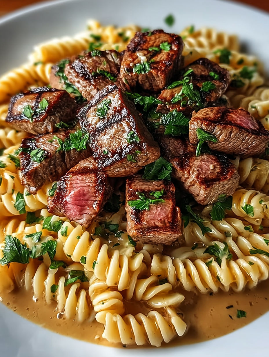 A plate of garlic butter steak pasta.