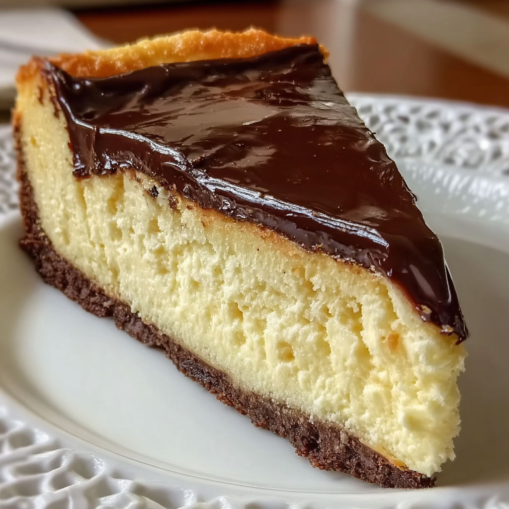A slice of Boston Cream Pie Cheesecake.