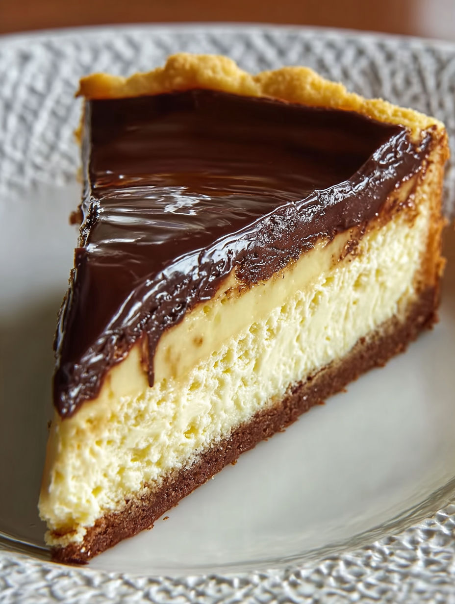 A slice of Boston Cream Pie Cheesecake.