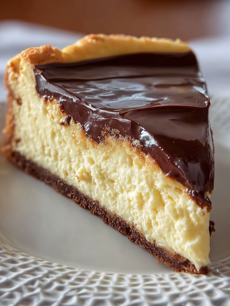 A slice of Boston Cream Pie Cheesecake.