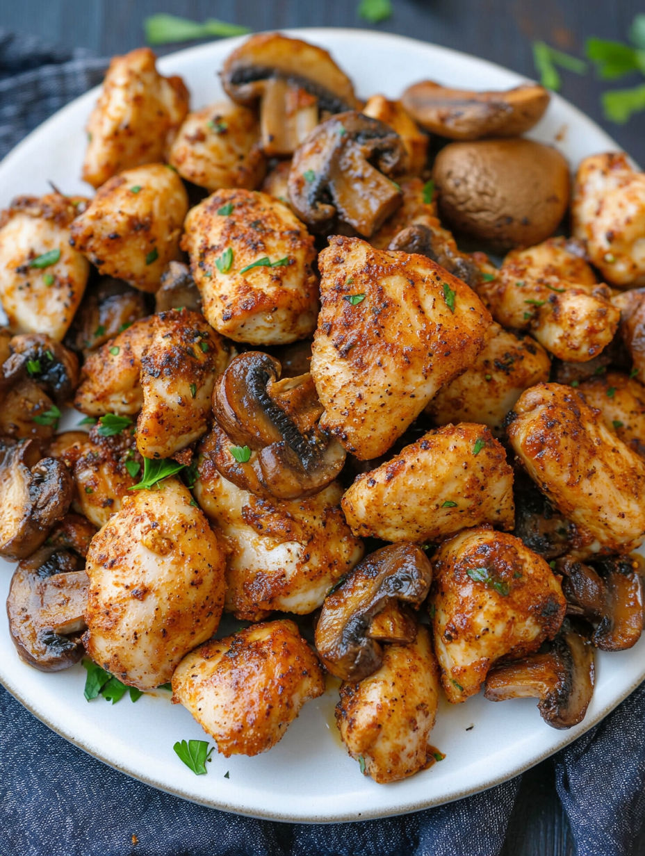 A plate of Cajun Chicken Mushroom Bites.