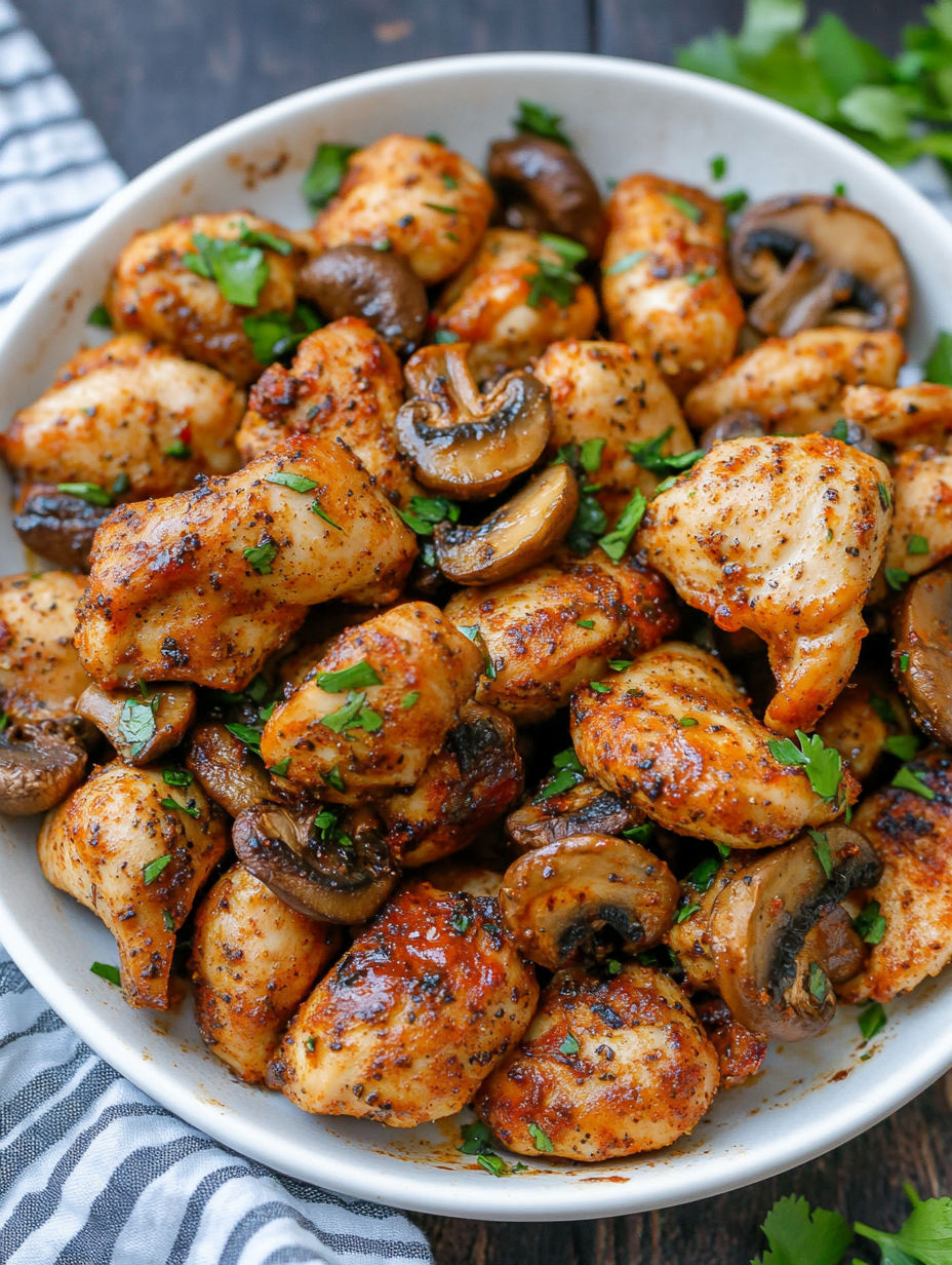 A bowl of Cajun Chicken Mushroom Bites.