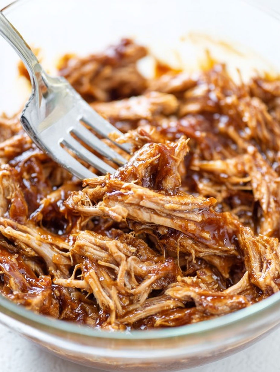 A fork is stuck in a bowl of pulled pork.