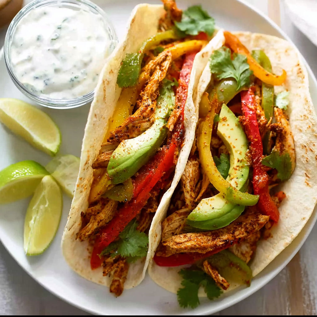 A plate of chicken fajitas with a side of guacamole.