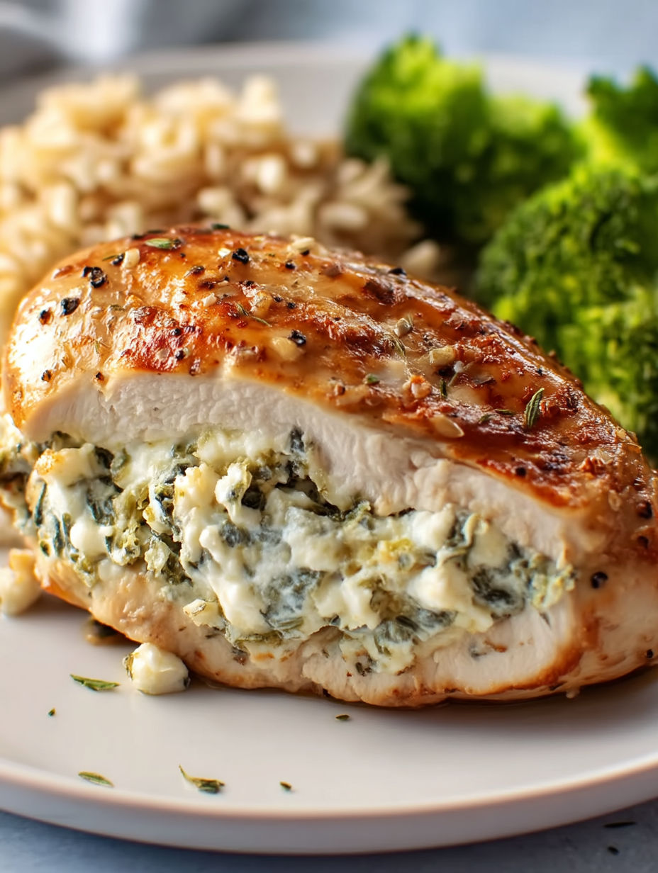 A piece of chicken with herbs and cream cheese.