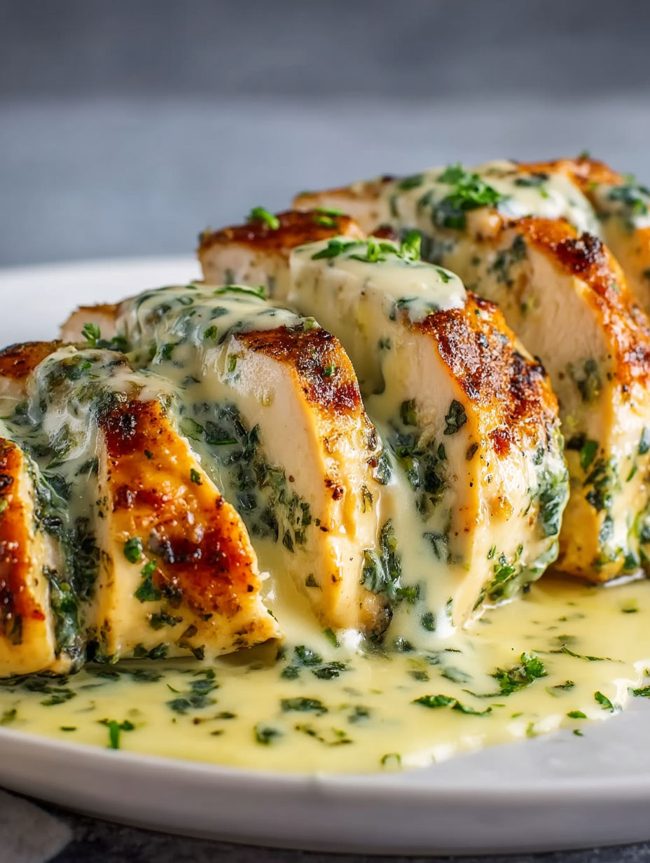 A piece of chicken with herbs and cream on it.