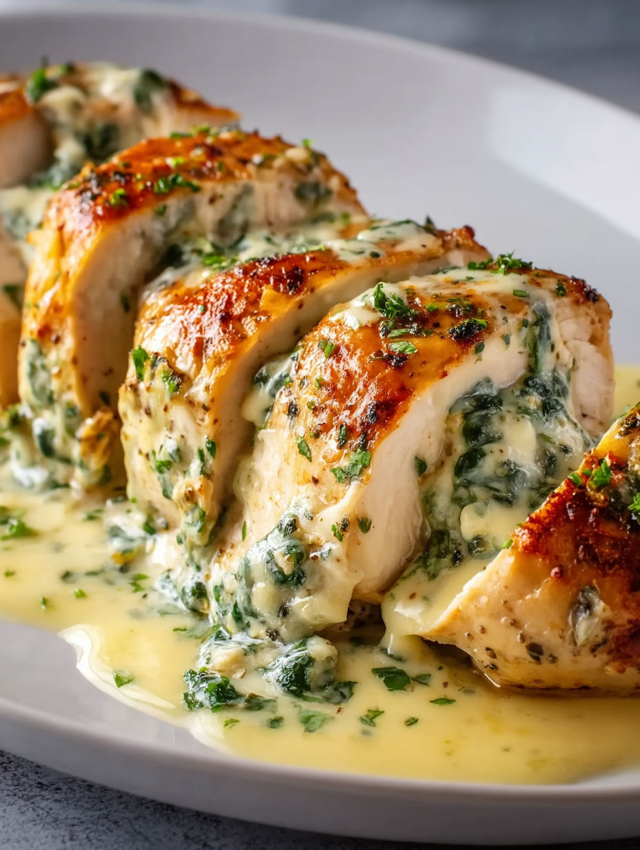 A plate of chicken with a creamy herb sauce.