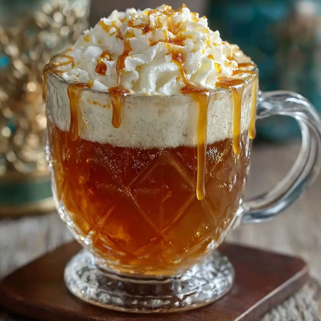 A glass of butterbeer with a spoon in it.