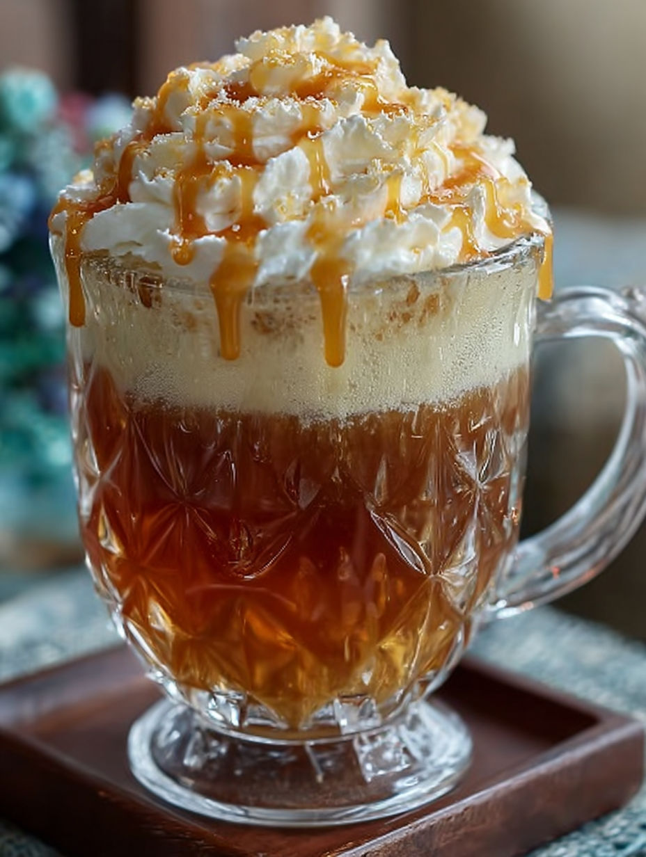 A glass of Butterbeer with whipped cream on top.